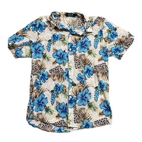 SSLR Hawaiian Shirt Blue Floral Tropical Jungle Hawaii Beach Casual Mens S - Picture 1 of 5